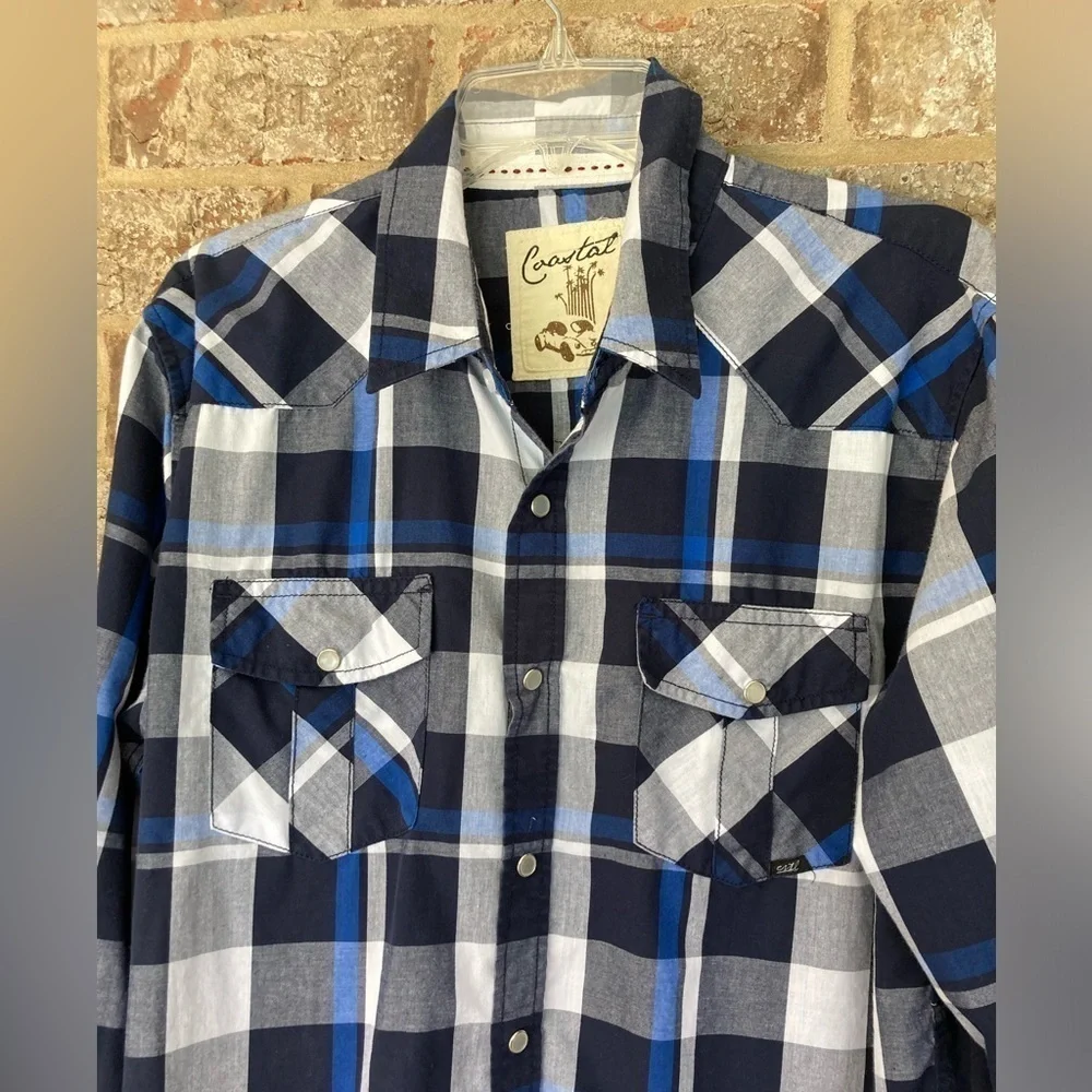 Coastal men’s pearl snap shirt size L blue & white plaid long sleeve Vintage